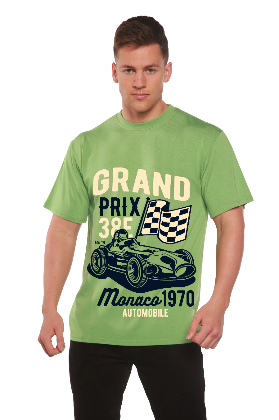 Men's green bamboo viscose/organic cotton tee with Grand Prix print on Tampa Home & Garden Store on Tampa Home & Garden Store