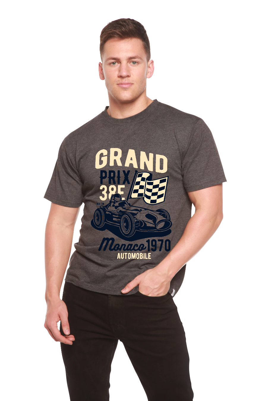 Grand Prix men's graphic T-shirt in heather gray with navy race car print by Spun Bamboo on Tampa Home & Garden Store