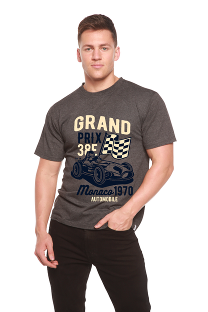Grand Prix men's graphic T-shirt in heather gray with navy race car print by Spun Bamboo on Tampa Home & Garden Store