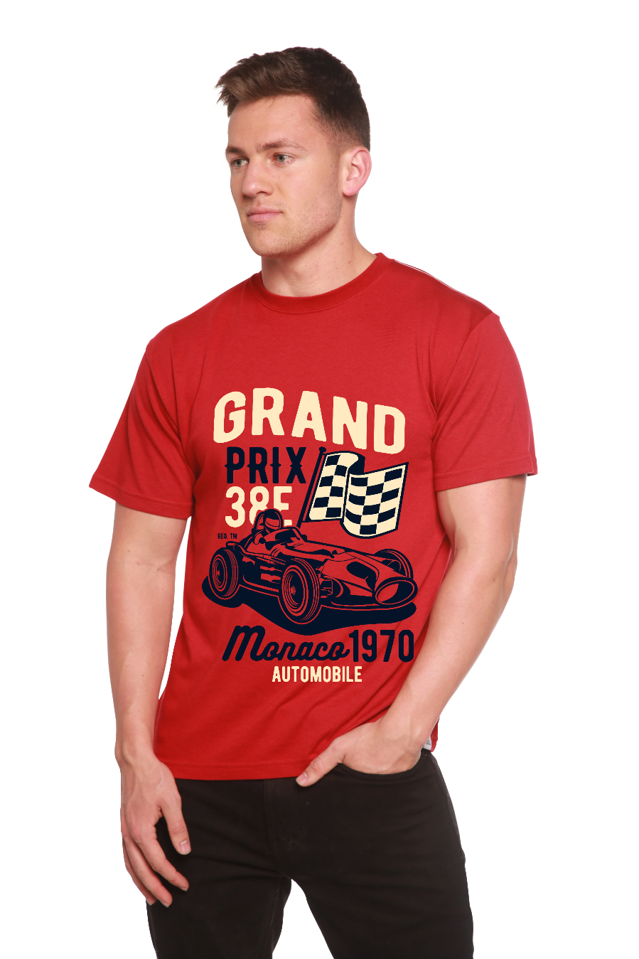 Men's red bamboo viscose/organic cotton T-shirt with Grand Prix print by Spun Bamboo on Tampa Home & Garden Store