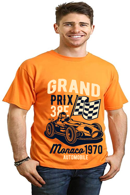 Grand Prix men's orange graphic tee with race car and checkered flag print by Spun Bamboo on Tampa Home & Garden Store