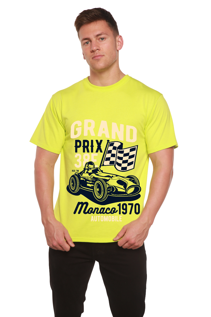 Grand Prix men's yellow bamboo viscose/organic cotton tee by Spun Bamboo with race car on Tampa Home & Garden Store