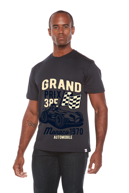 Grand Prix men's graphic T-shirt in charcoal with car print, bamboo viscose/organic cotton on Tampa Home & Garden Store