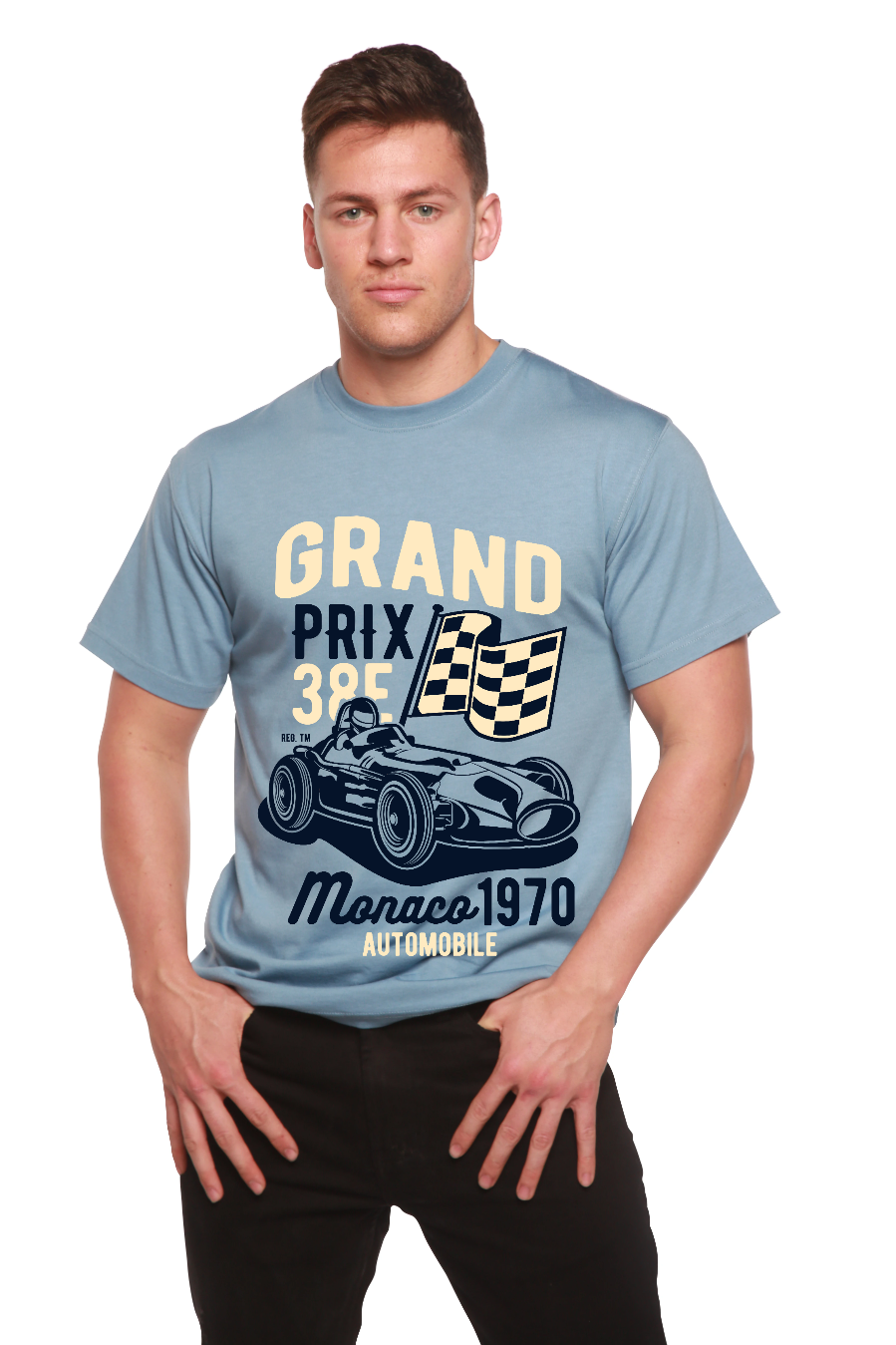 Grand Prix men's graphic T-shirt in light blue with racing car checkered flag from Spun Bamboo on Tampa Home & Garden Store