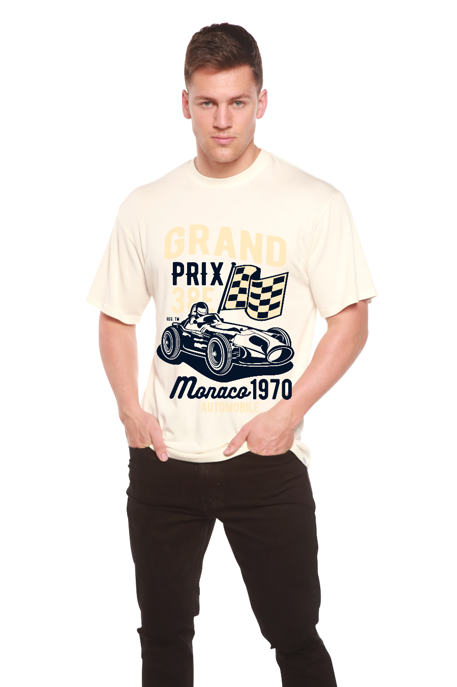 Grand Prix men's bamboo viscose/organic cotton T-shirt cream with navy race car print on Tampa Home & Garden Store