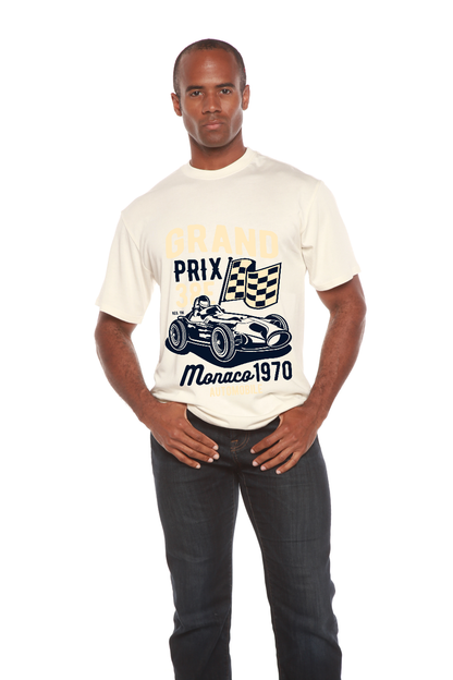 Grand Prix men's bamboo viscose tee cream with Monaco 1970 car print by Spun Bamboo on Tampa Home & Garden Store