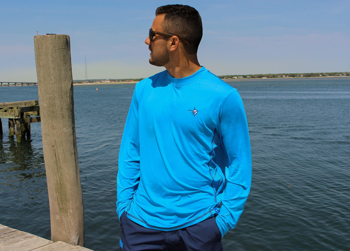 Grander Performance Tee long sleeve in bright blue with marlin logo on chest White Water Life on Tampa Home & Garden Store
