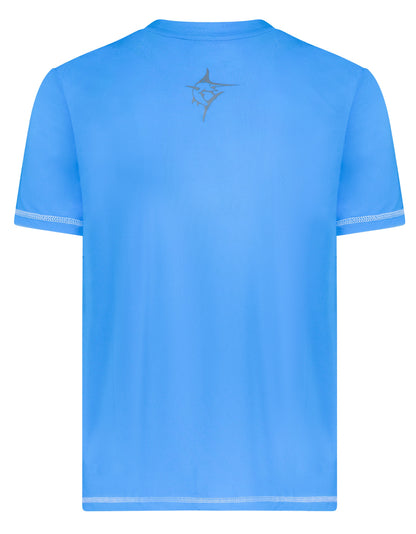 Grander Short Sleeve Tee in blue with small gray fish logo on back by White Water Life on Tampa Home & Garden Store