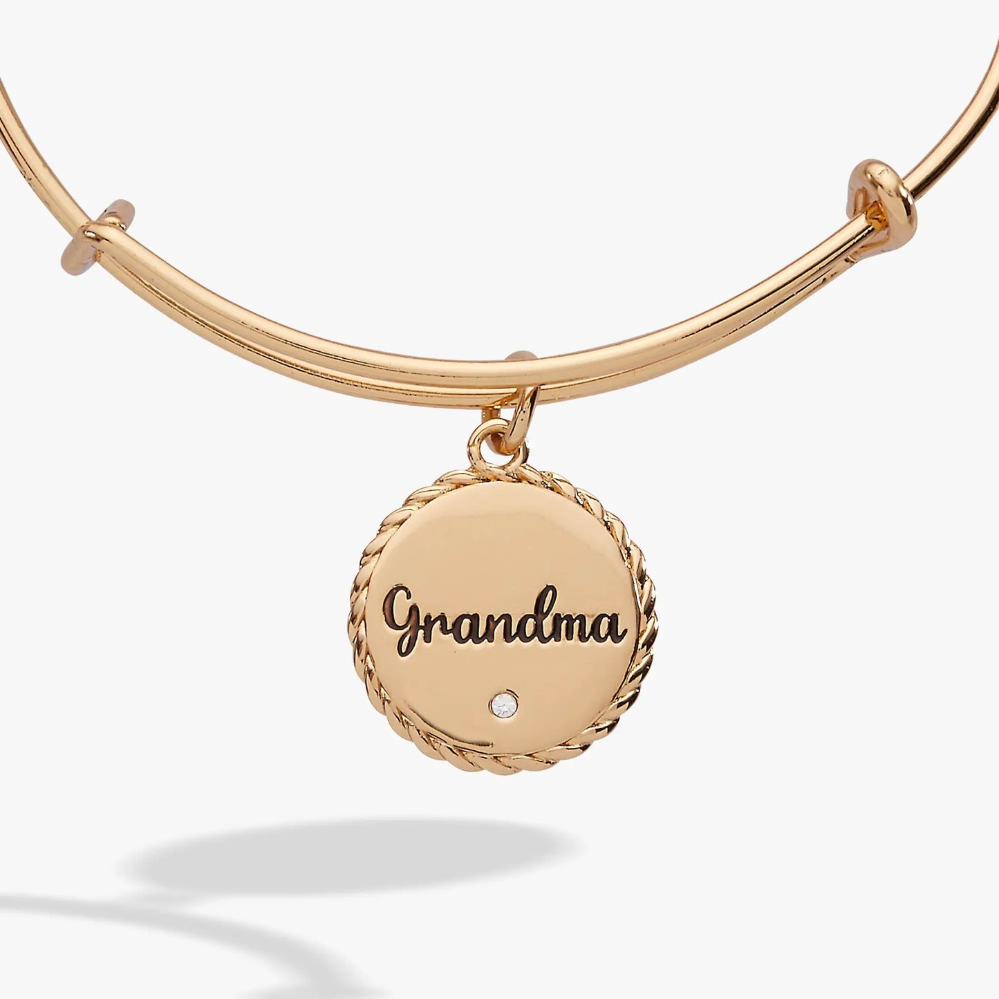 Bracelet Grandma charm bangle by Alex and Ani in rose gold with a round rope-edged pendant reading Grandma on Tampa Home & Garden Store
