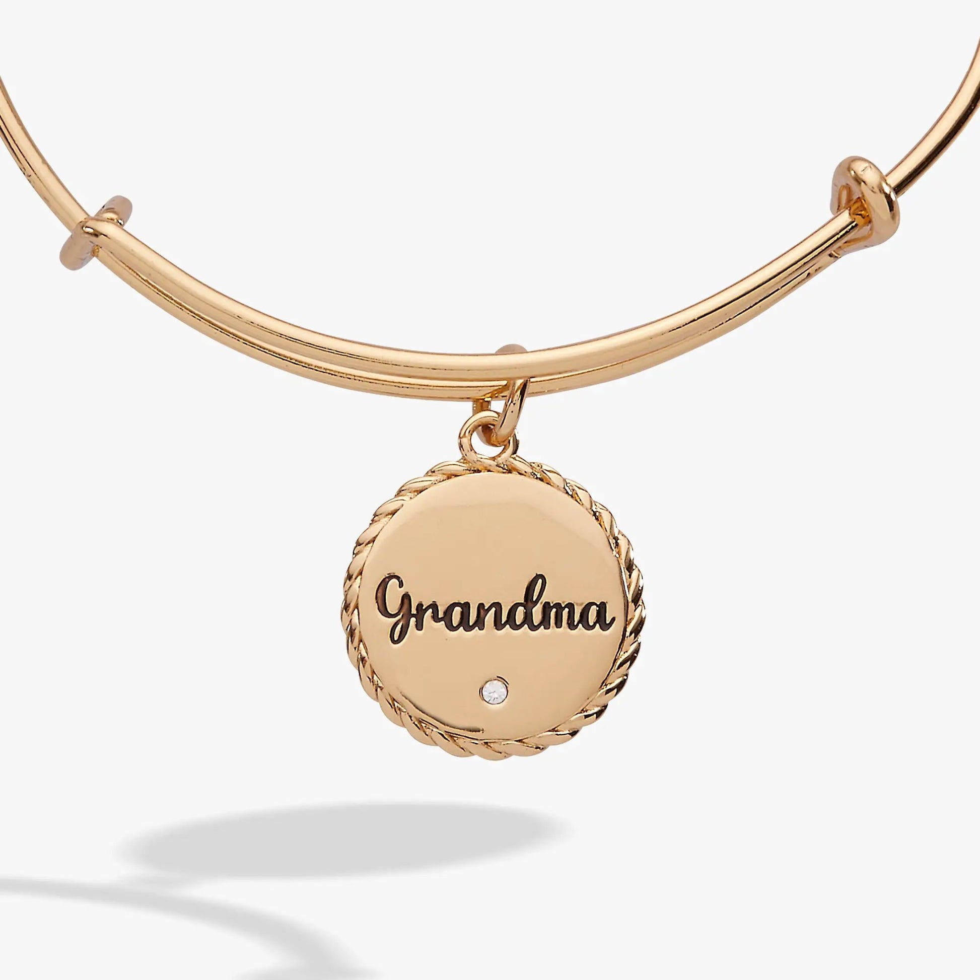 Bracelet Grandma charm bangle by Alex and Ani in rose gold with a round rope-edged pendant reading Grandma on Tampa Home & Garden Store