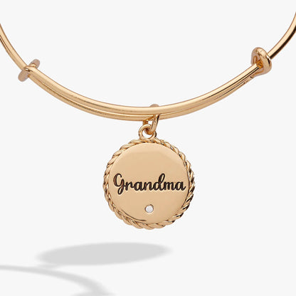 Bracelet Grandma charm bangle by Alex and Ani in rose gold with a round rope-edged pendant reading Grandma on Tampa Home & Garden Store