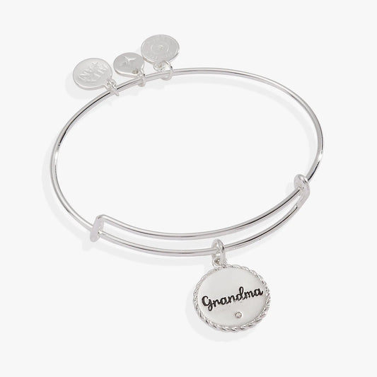 Alex and Ani Grandma Charm Bangle, silver tone bracelet with Grandma charm and two discs on Tampa Home & Garden Store