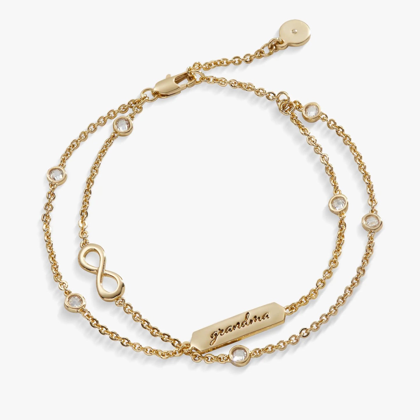 Grandma Infinity Chain Double Strand Bracelet gold-tone with infinity charm and crystals on Tampa Home & Garden Store