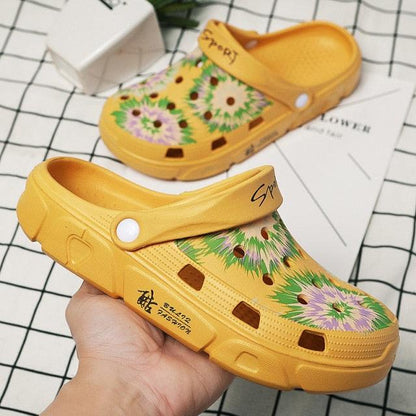 Stevvex yellow floral garden slippers pair, slip-on rubber clogs on Tampa Home & Garden Store