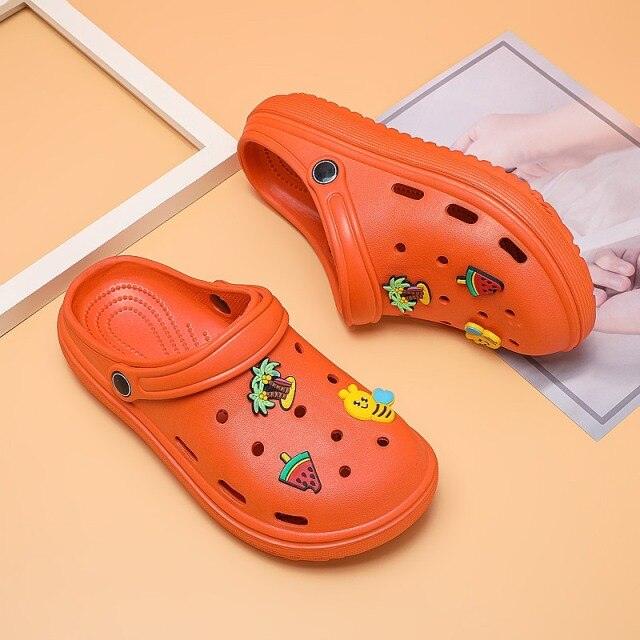 Stevvex orange women's slip-on sandals with ventilation holes and cute fruit patches on Tampa Home & Garden Store