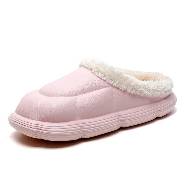 Stevvex pink fuzzy-lined slip-on slipper for women with plush white trim and ridged sole on Tampa Home & Garden Store