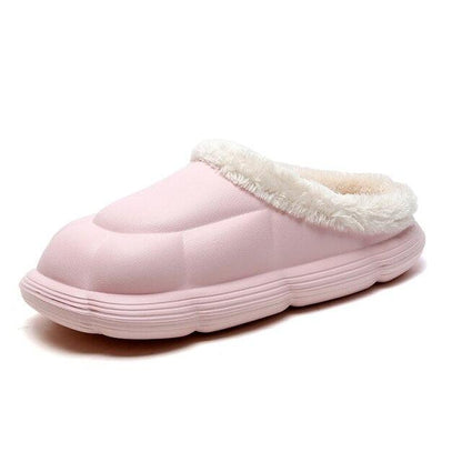 Stevvex pink fuzzy-lined slip-on slipper for women with plush white trim and ridged sole on Tampa Home & Garden Store