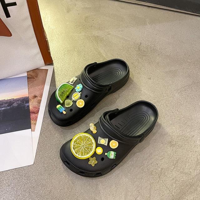 Stevvex black slip-on sandals (pair) with fruit decals, non-slip slippers on Tampa Home & Garden Store