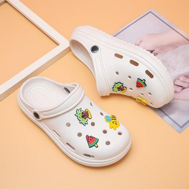 Stevvex gray slip-on slippers with colorful fruit patches lightweight non-slip rubber clogs on Tampa Home & Garden Store