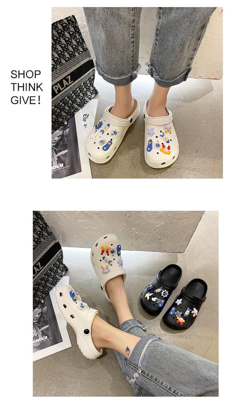 Stevvex cream slip-on summer sandals with colorful charms; two colors shown on Tampa Home & Garden Store