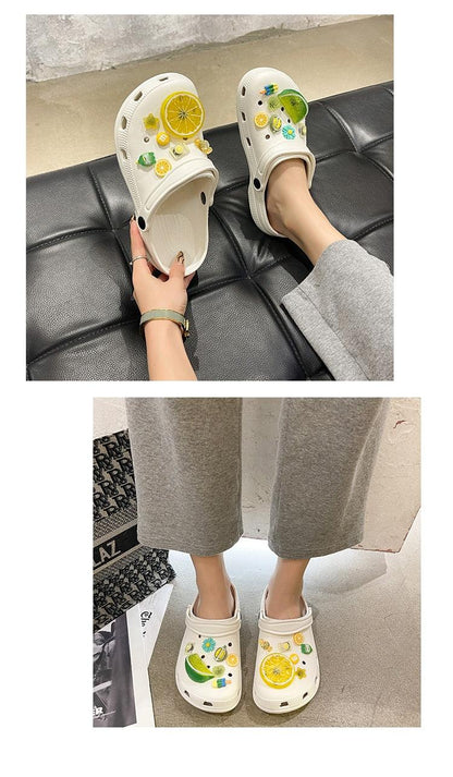 Stevvex white slip-on sandals with lemon lime kiwi decals lightweight non-slip garden footwear on Tampa Home & Garden Store