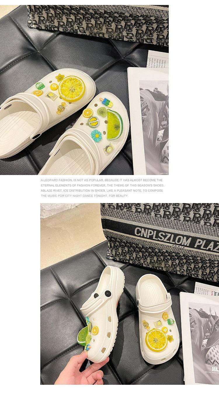 Stevvex women's off-white garden slides with lemon and lime decals; non-slip rubber pair on Tampa Home & Garden Store