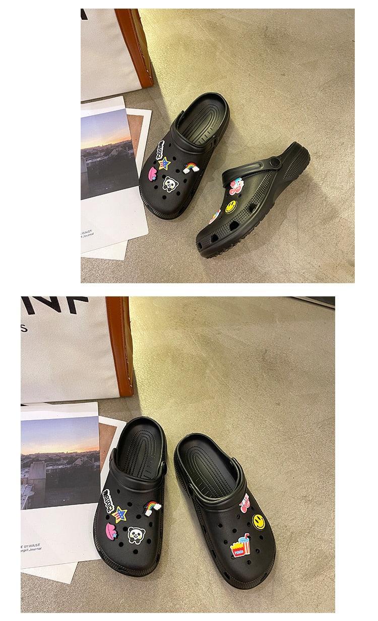 Gray Stevvex women's slip-on sandals, black rubber clogs with patches, non-slip design on Tampa Home & Garden Store