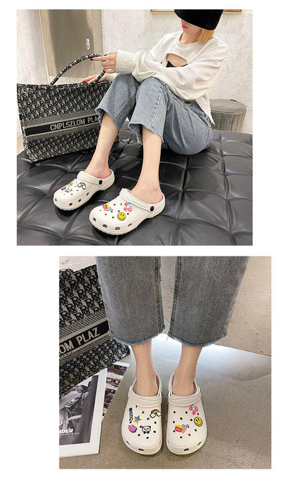 Stevvex women's white printed slip-on sandals with colorful emoji designs on Tampa Home & Garden Store
Stevvex women's white printed slip-on garden clogs with emoji designs shown from front on Tampa Home & Garden Store