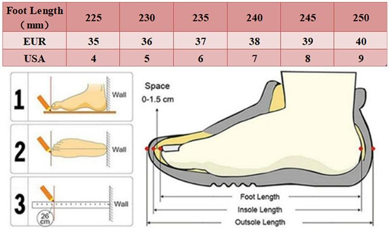 Gray Stevvex women's slip-on sandals with non-slip sole shown beside foot-length guide and chart on Tampa Home & Garden Store