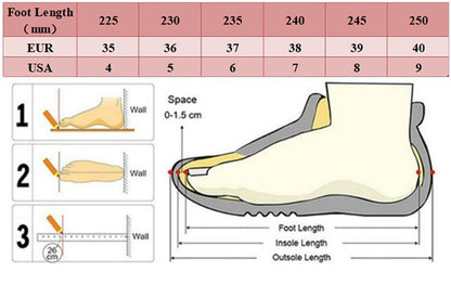 Gray Stevvex women's slip-on sandals with non-slip sole shown beside foot-length guide and chart on Tampa Home & Garden Store