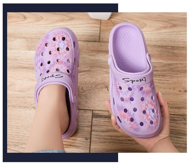 Stevvex purple perforated slip-on sandals, two lightweight rubber garden clogs on Tampa Home & Garden Store