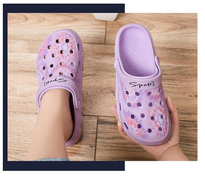 Stevvex purple perforated slip-on sandals, two lightweight rubber garden clogs on Tampa Home & Garden Store