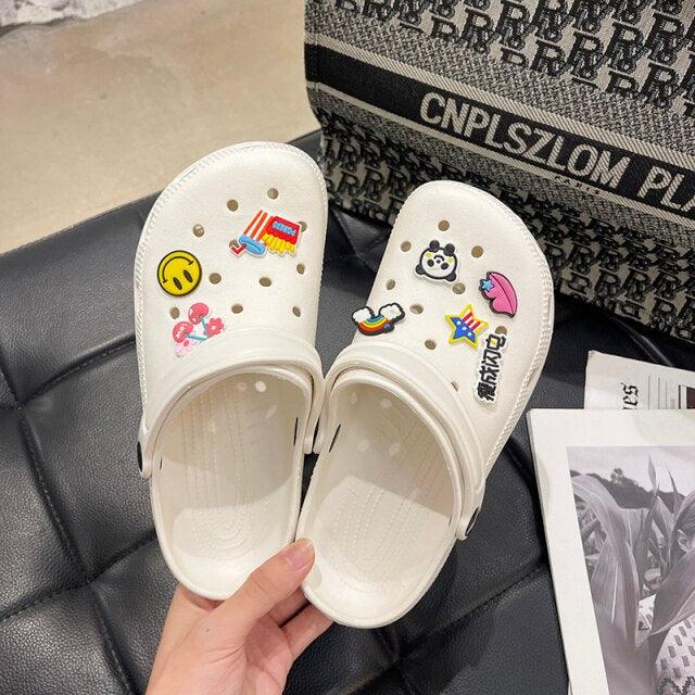 Stevvex white rubber slip-on women's sandals with emoji stickers, non-slip quick-dry pair on Tampa Home & Garden Store