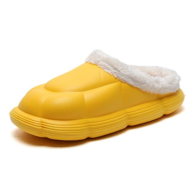 Yellow Stevvex slip-on slipper with white faux fur lining and lightweight rubber sole on Tampa Home & Garden Store