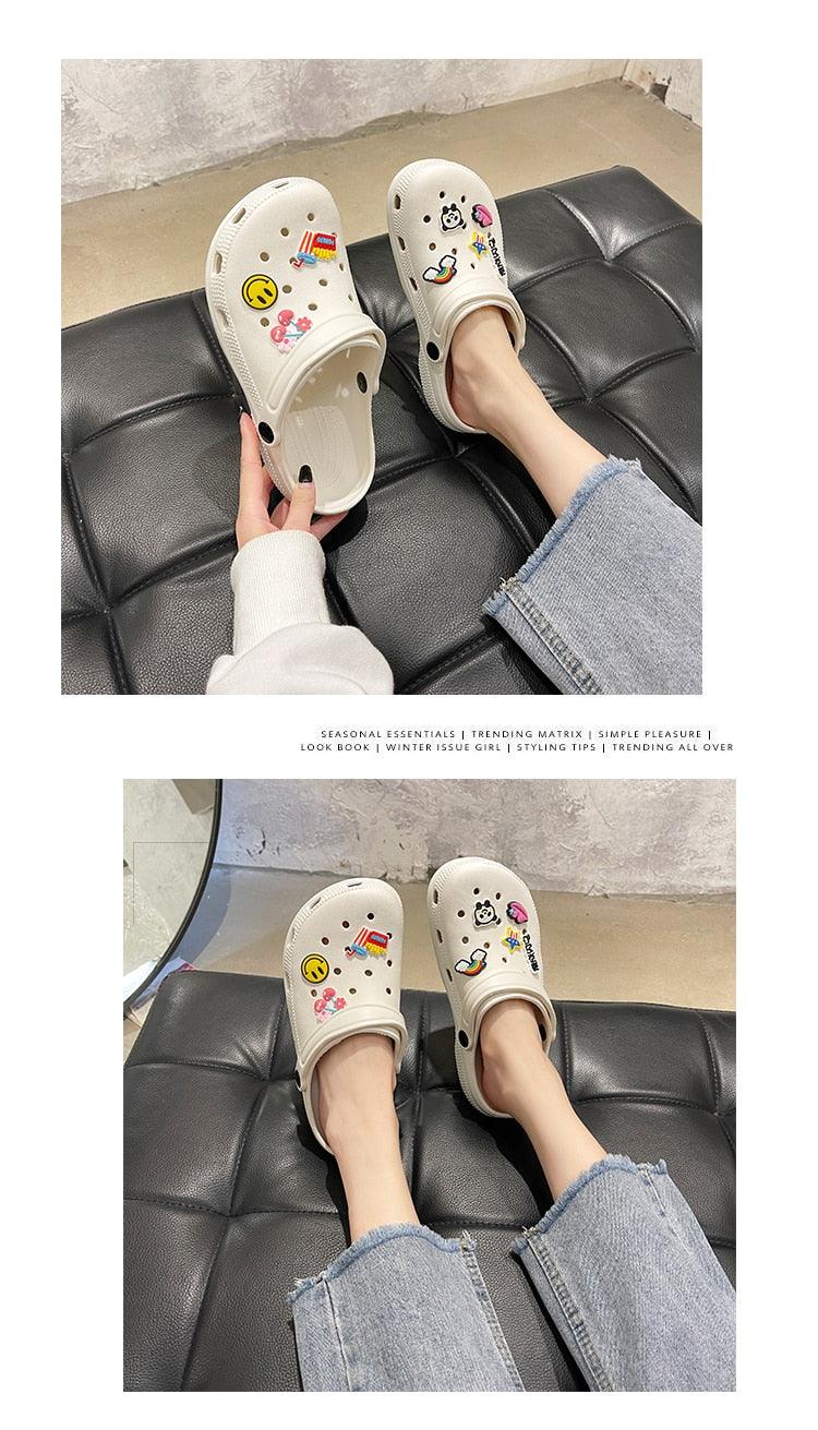 Stevvex gray women's summer sandals pair with cartoon patches, lightweight non-slip slip-ons on Tampa Home & Garden Store