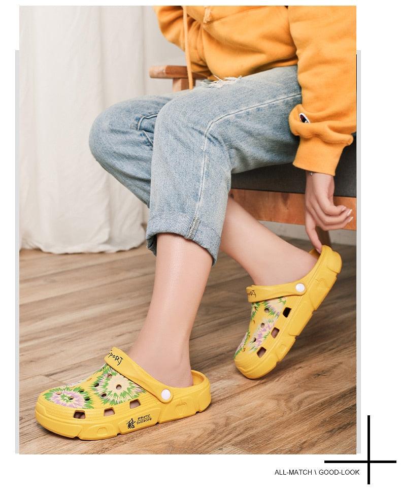 Yellow floral slip-on garden sandals by Stevvex with quick-dry rubber sole on Tampa Home & Garden Store