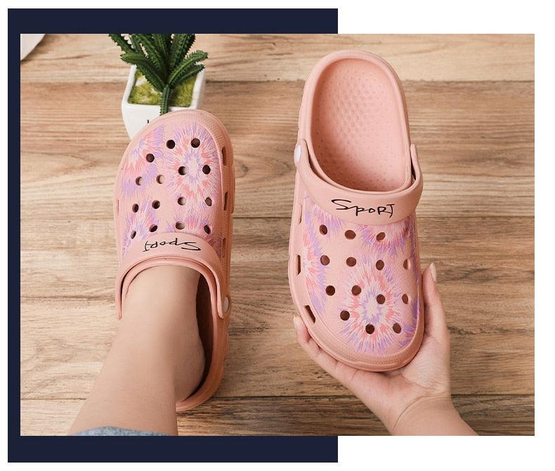 Stevvex pink perforated slip-on sandals, rubber clogs with ventilation holes, two sandals on Tampa Home & Garden Store