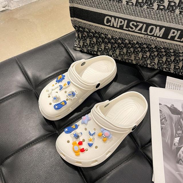 Stevvex women's slip-on garden slippers pair with colorful 3D charms, cream rubber clogs on Tampa Home & Garden Store