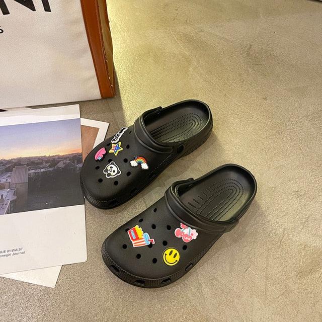 Stevvex women's black rubber slip-on sandals with patches, lightweight non-slip clogs on Tampa Home & Garden Store