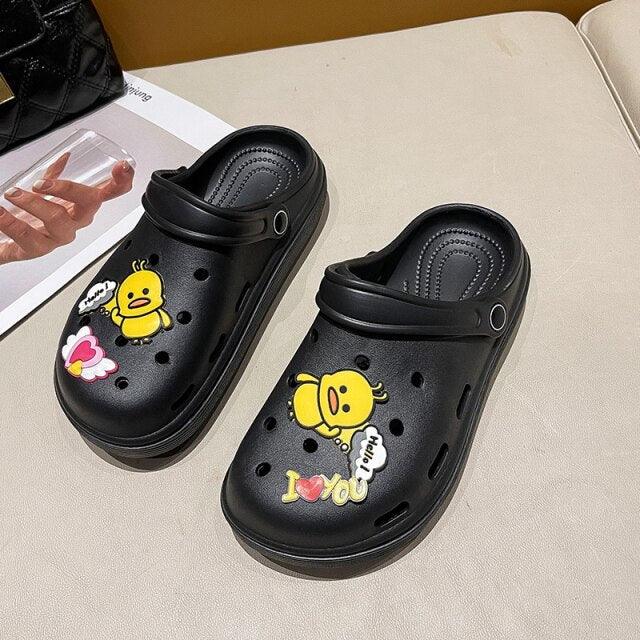 Stevvex black slip-on women's sandals with yellow chick prints, lightweight rubber on Tampa Home & Garden Store