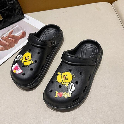 Stevvex black slip-on women's sandals with yellow chick prints, lightweight rubber on Tampa Home & Garden Store
