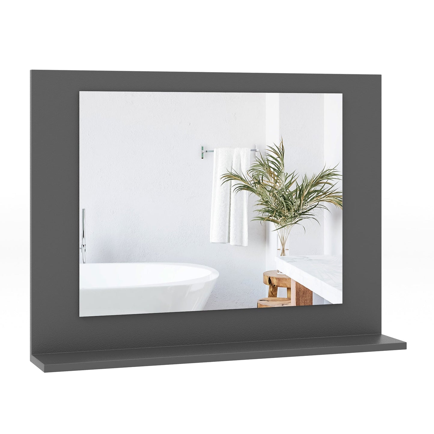 Espejo de baño rectangular con estante de 23.5 x 17.5 pulgadas y marco de madera - Marrón