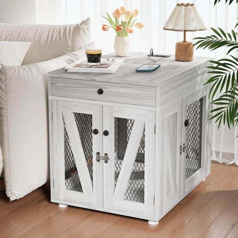 Dog crate end table furniture in whitewashed wood with a drawer and mesh doors on Tampa Home & Garden Store