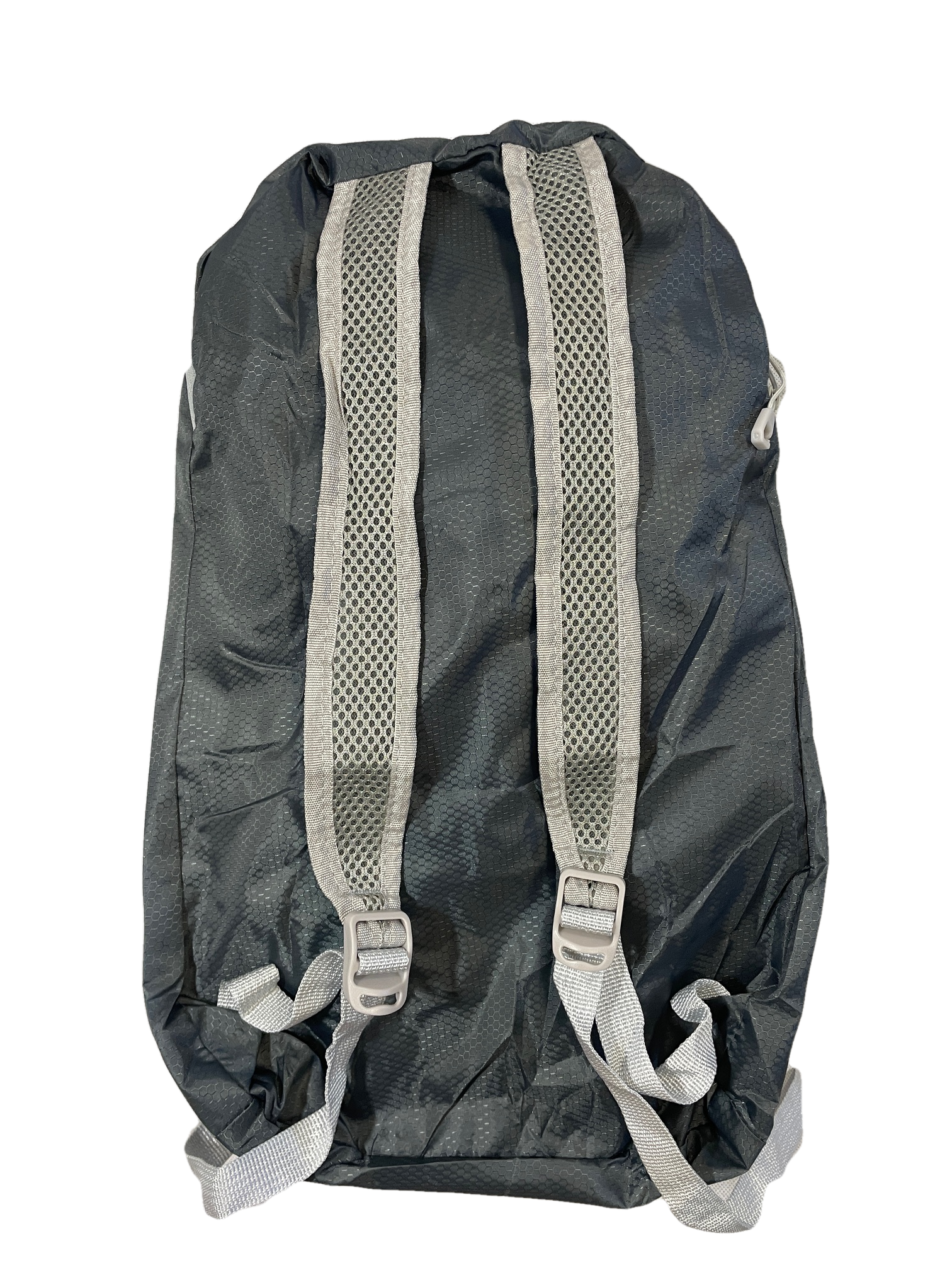 Gray polyester day pack back view with padded mesh shoulder straps; River Country Gear on Tampa Home & Garden Store