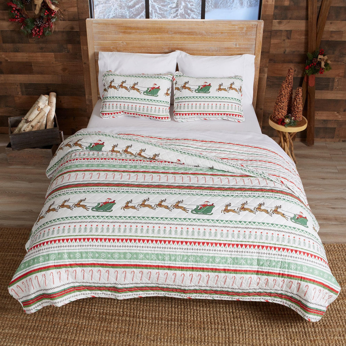 Christmas Quilt Collection reindeer sleigh pattern in red and green by Great Bay Home on Tampa Home & Garden Store