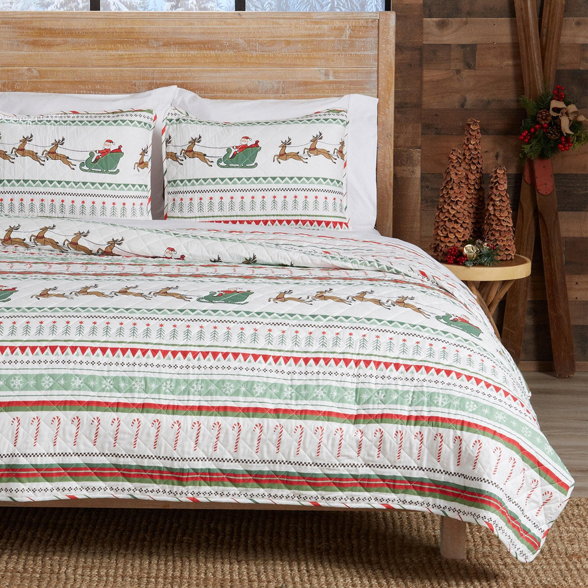 Christmas Quilt Festive Collection by Great Bay Home, white quilt with Santa and reindeer, trim on Tampa Home & Garden Store