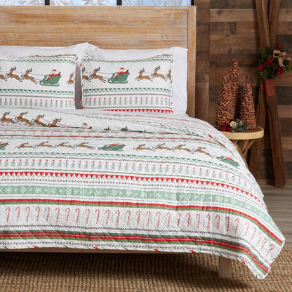 Christmas Quilt Festive Collection by Great Bay Home, white quilt with Santa and reindeer, trim on Tampa Home & Garden Store