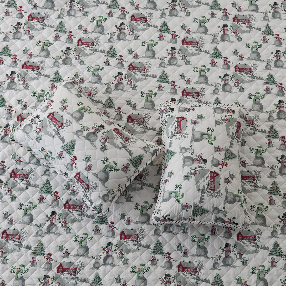 Holiday Quilt Alfie Collection by Great Bay Home with snowmen and houses on white quilt on Tampa Home & Garden Store