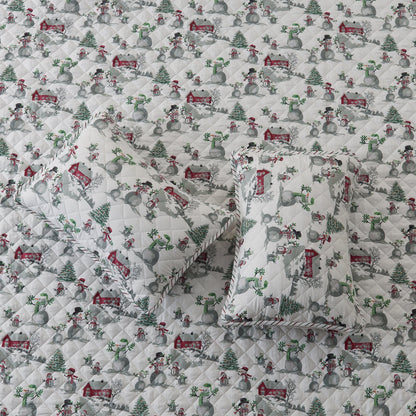 Holiday Quilt Alfie Collection by Great Bay Home with snowmen and houses on white quilt on Tampa Home & Garden Store