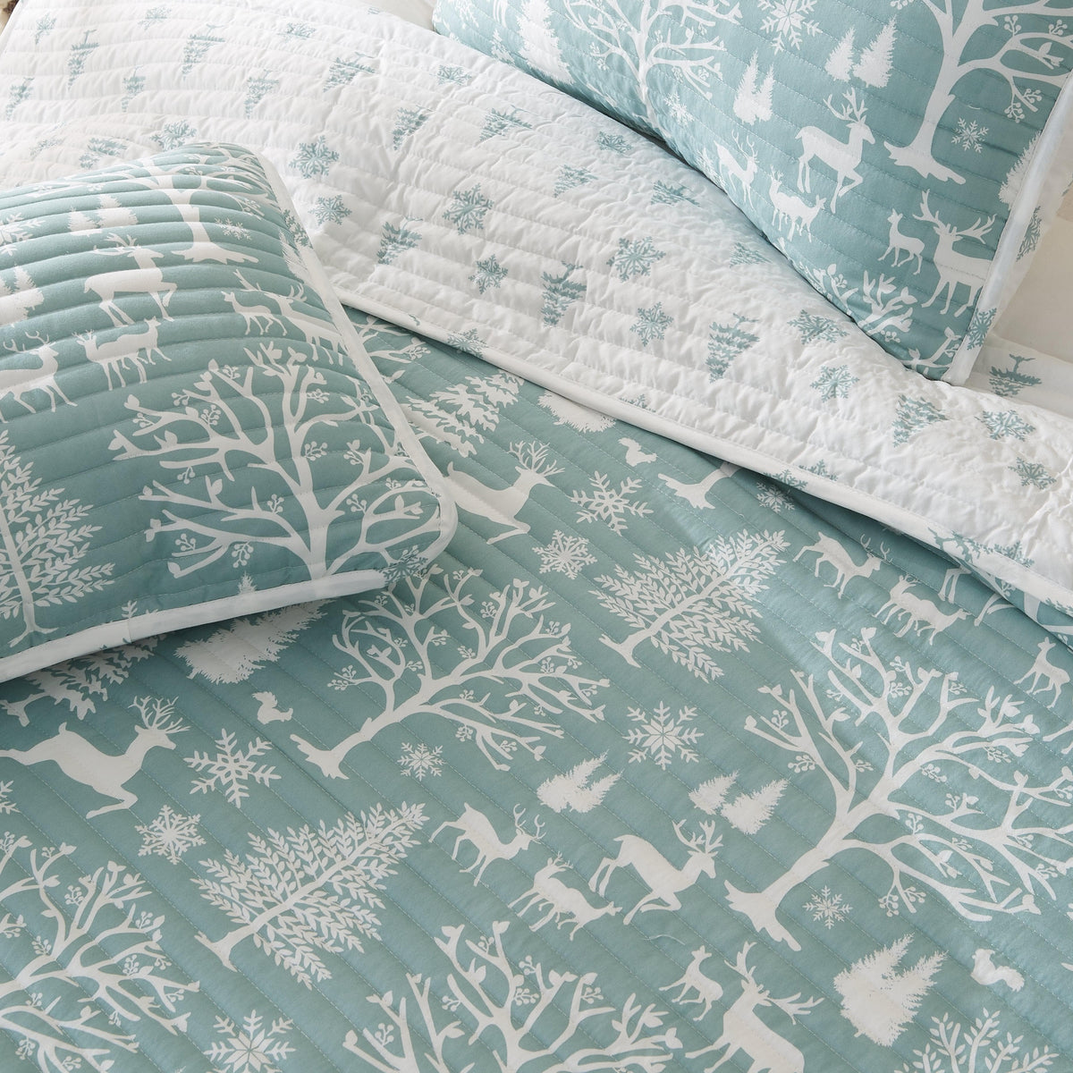 Lodge Woods Quilt Great Bay Home teal and white woodland with deer snowflake shams on Tampa Home & Garden Store